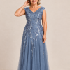 Sylvie glitter embroidered Dusty Blue gown by Dressology — regular front view