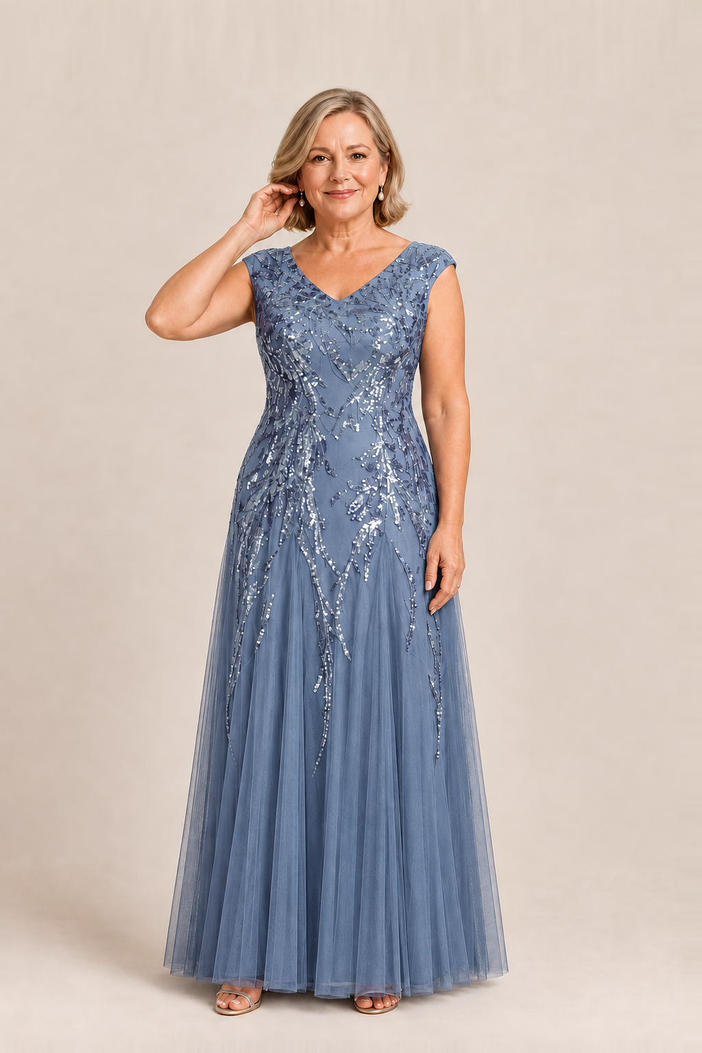 Sylvie Glitter Embroidered Dusty Blue Gown Soft Sparkle with Gentle Coverage by Dressology