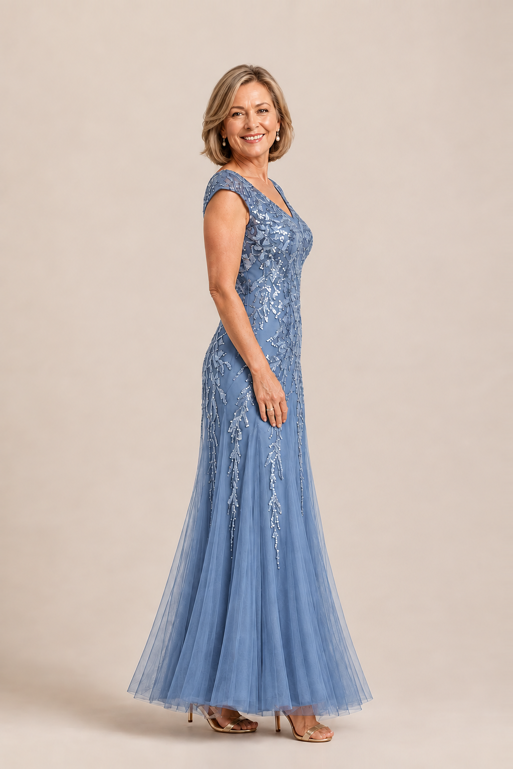 Sylvie glitter embroidered Dusty Blue gown by Dressology — regular side view