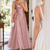Mother with her adult child at a wedding, wearing the Sylvie Dusty Rose gown by Dressology
