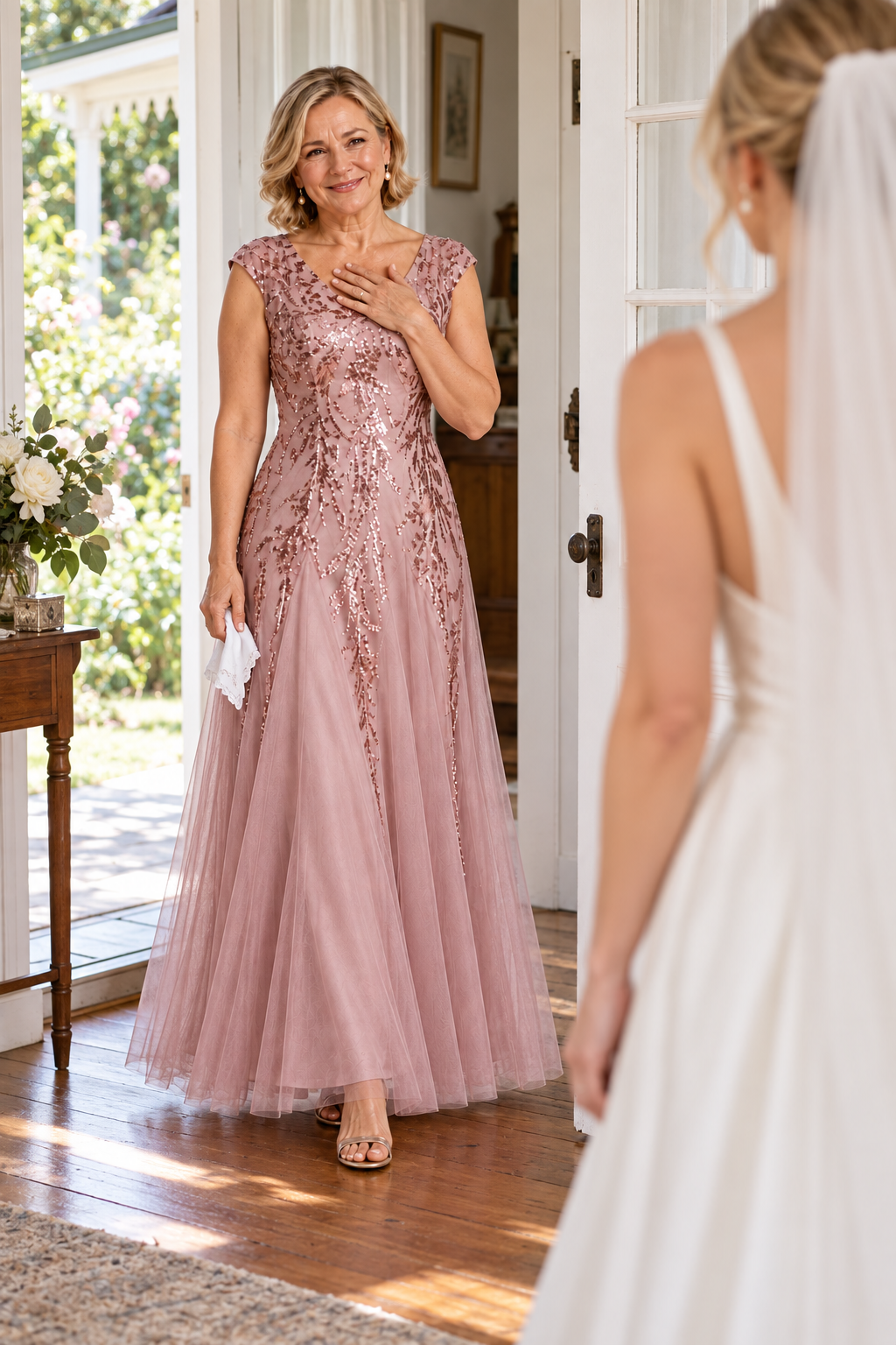 Mother with her adult child at a wedding, wearing the Sylvie Dusty Rose gown by Dressology