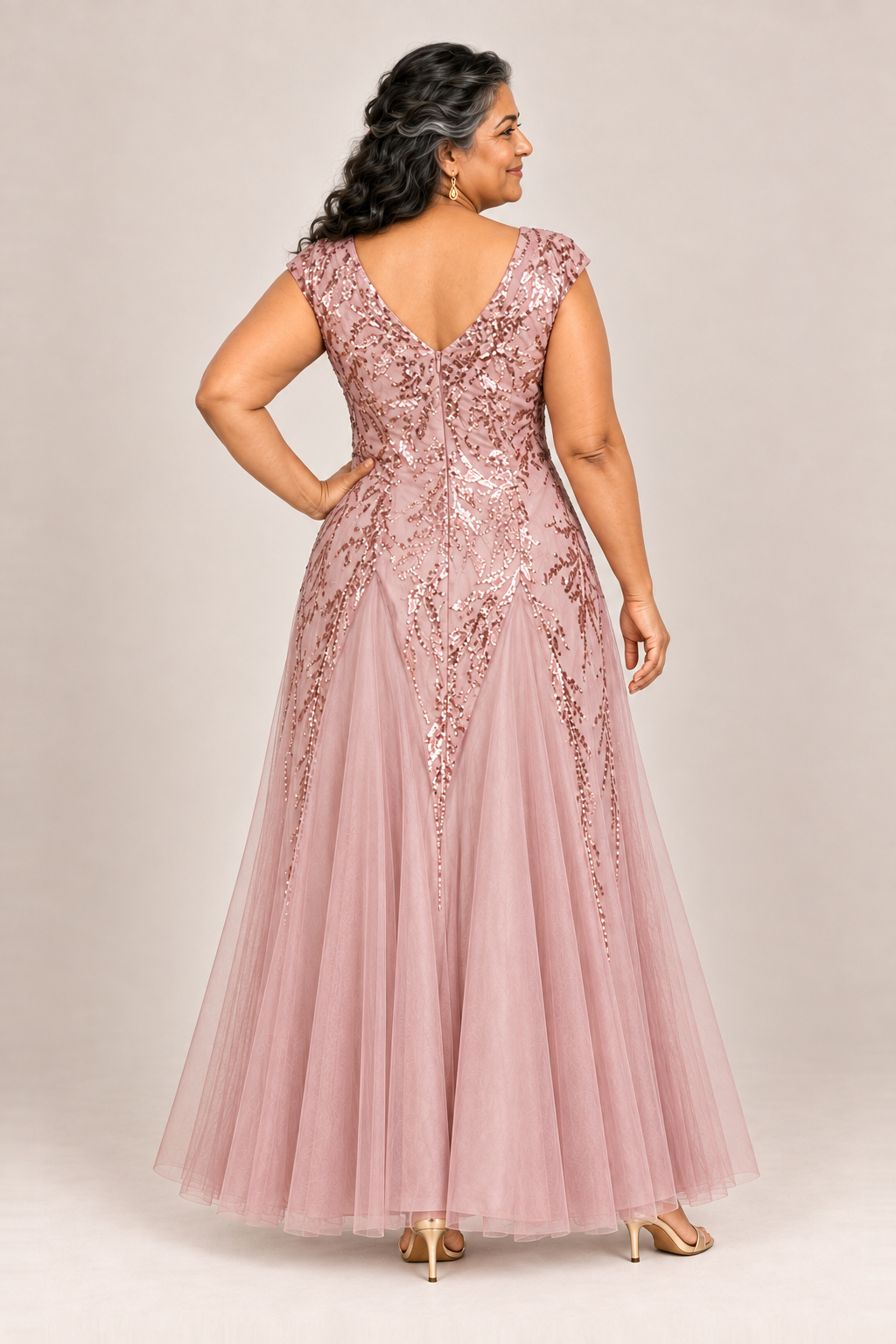 Sylvie glitter embroidered Dusty Rose gown by Dressology — plus back view
