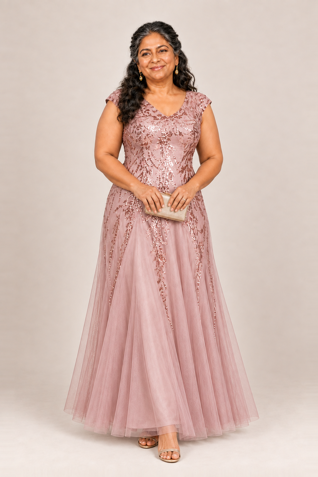 Sylvie glitter embroidered Dusty Rose gown by Dressology — plus front view