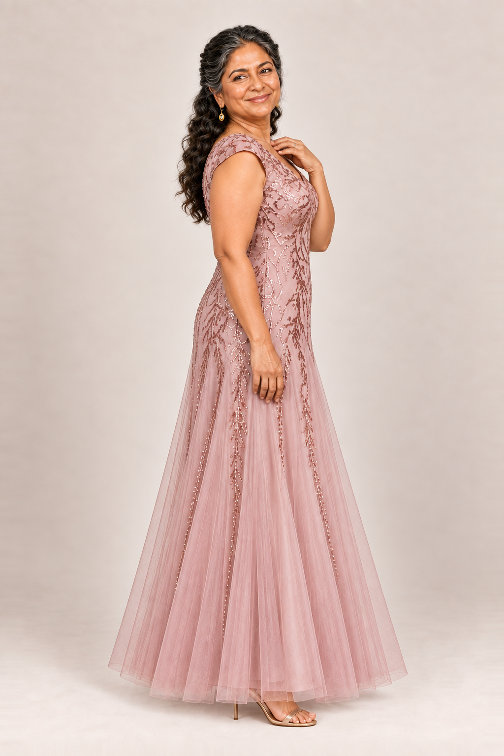 Sylvie glitter embroidered Dusty Rose gown by Dressology — plus side view
