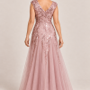 Sylvie glitter embroidered Dusty Rose gown by Dressology — regular back view