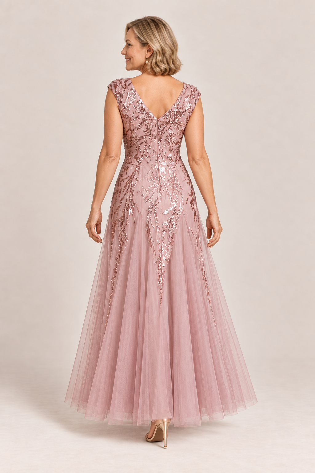Sylvie glitter embroidered Dusty Rose gown by Dressology — regular back view