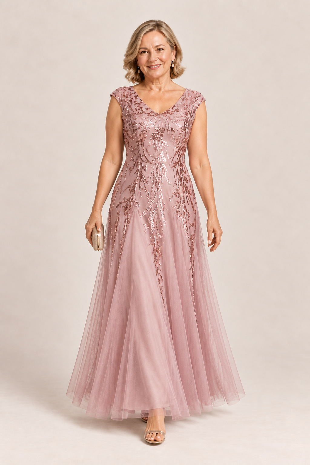 Sylvie Glitter Embroidered Dusty Rose Gown Soft Sparkle with Gentle Coverage by Dressology