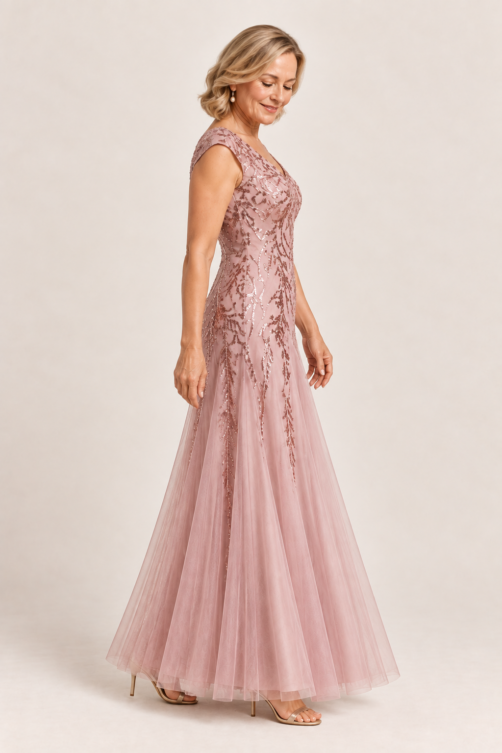 Sylvie glitter embroidered Dusty Rose gown by Dressology — regular side view