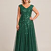 Emerald green glitter embroidered A-line gown with V-neckline and cap sleeves, front view, worn by a mother of the bride