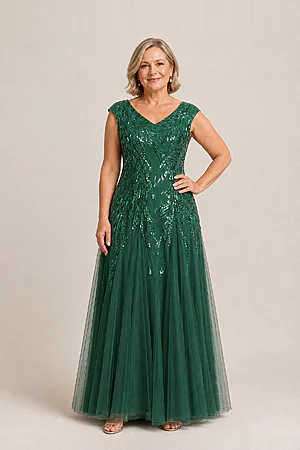 Sylvie Glitter Embroidered Emerald Green Gown Soft Sparkle with Gentle Coverage by Dressology