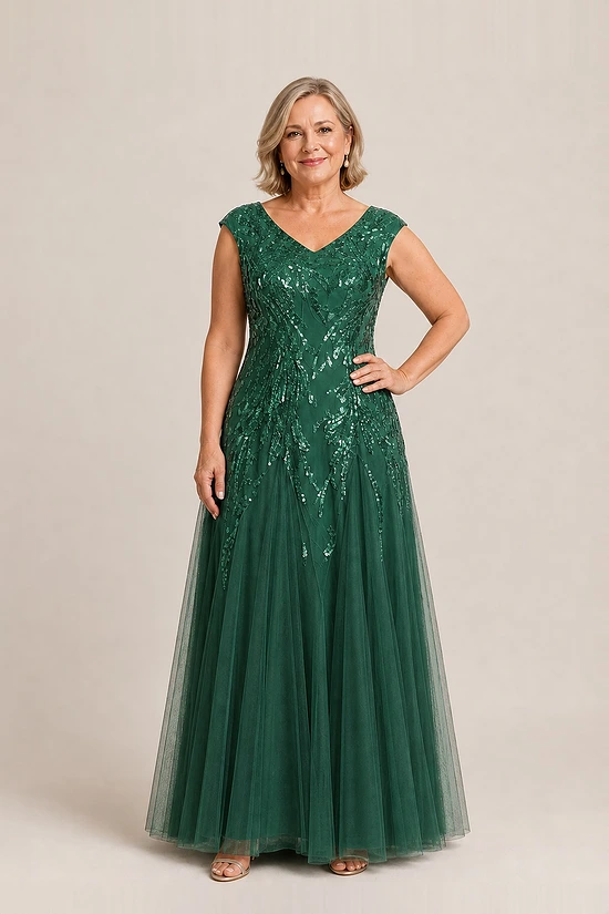 Emerald green glitter embroidered A-line gown with V-neckline and cap sleeves, front view, worn by a mother of the bride