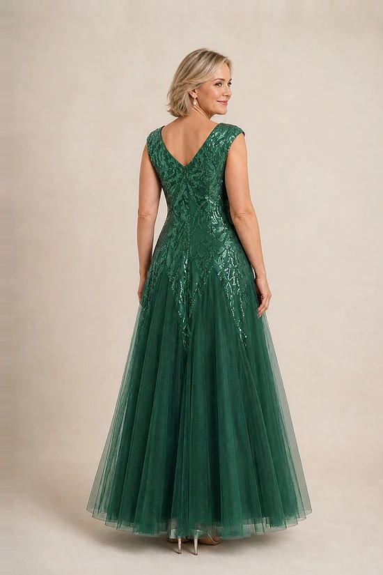 Back view of the emerald green glitter embroidered gown showing the V-shaped back and full tulle skirt