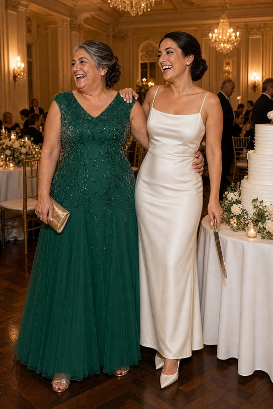 Mother of the bride wearing the emerald green Sylvie glitter embroidered gown by Dressology, laughing with her daughter beside the cake at the reception