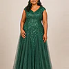 Emerald green glitter embroidered A-line gown with V-neckline and cap sleeves, front view, worn by a plus-size mother of the bride