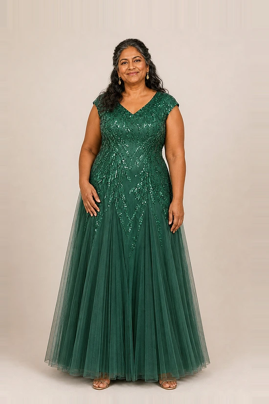 Emerald green glitter embroidered A-line gown with V-neckline and cap sleeves, front view, worn by a plus-size mother of the bride