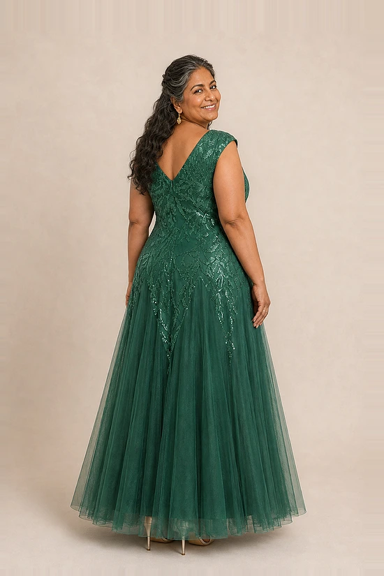 Back view of the emerald green glitter embroidered gown showing the V-shaped back and full tulle skirt, worn by a plus-size mother of the bride