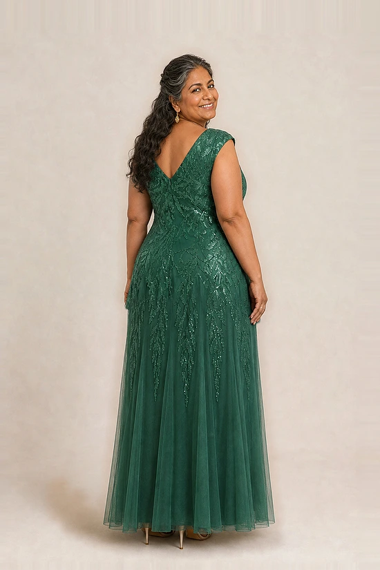 Back view of the emerald green glitter embroidered gown showing the V-shaped back and the soft trumpet tulle skirt, worn by a plus-size mother of the bride