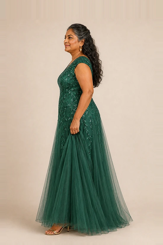 Side view of the emerald green glitter embroidered A-line gown showing the cap sleeve and tulle skirt, worn by a plus-size mother of the bride