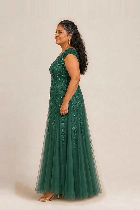 Side view of the emerald green glitter embroidered gown showing the cap sleeve and the soft trumpet tulle skirt, worn by a plus-size mother of the bride