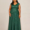 Emerald green glitter embroidered gown with a soft trumpet tulle skirt, V-neckline and cap sleeves, front view, worn by a plus-size mother of the bride