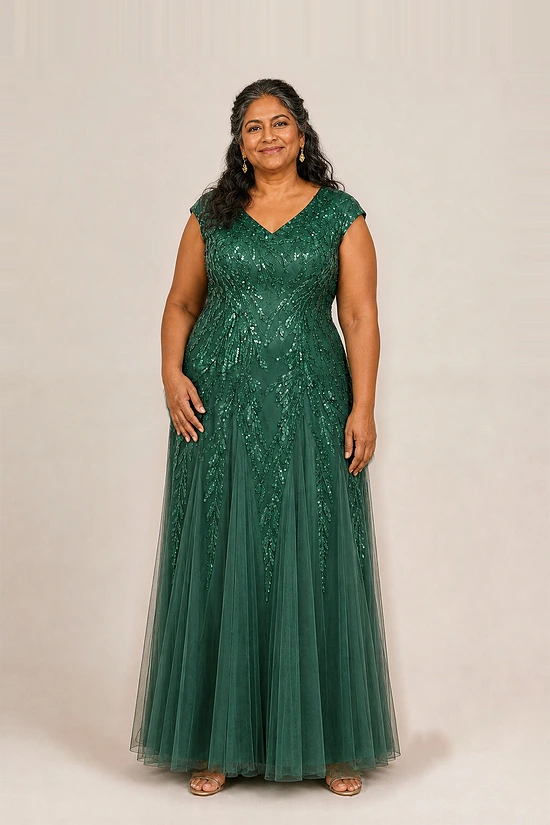 Emerald green glitter embroidered gown with a soft trumpet tulle skirt, V-neckline and cap sleeves, front view, worn by a plus-size mother of the bride