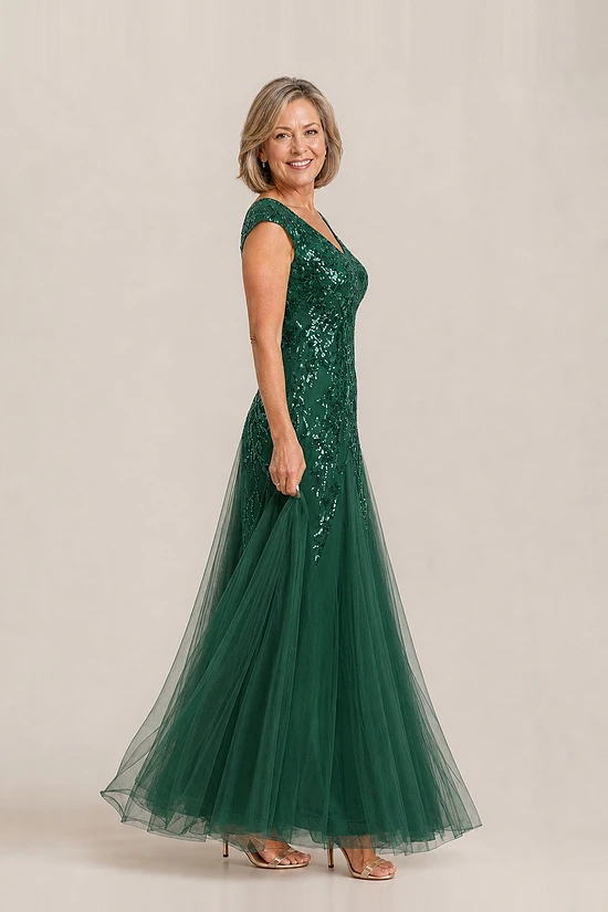 Side view of the emerald green glitter embroidered A-line gown showing the cap sleeve and tulle skirt