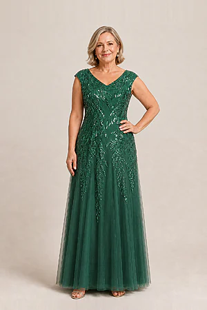 Sylvie Glitter Embroidered Emerald Green Gown Soft Sparkle with Gentle Coverage by Dressology