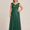 Emerald green glitter embroidered gown with a soft trumpet tulle skirt, V-neckline and cap sleeves, front view, worn by a mother of the bride