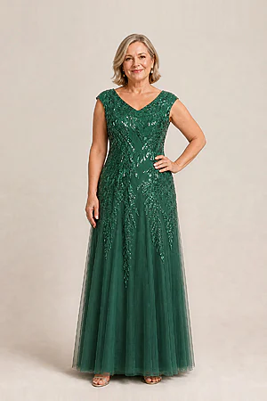 Sylvie Glitter Embroidered Emerald Green Gown Soft Sparkle with Gentle Coverage by Dressology