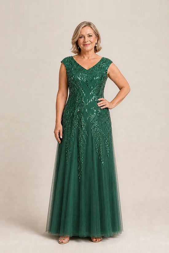 Emerald green glitter embroidered gown with a soft trumpet tulle skirt, V-neckline and cap sleeves, front view, worn by a mother of the bride