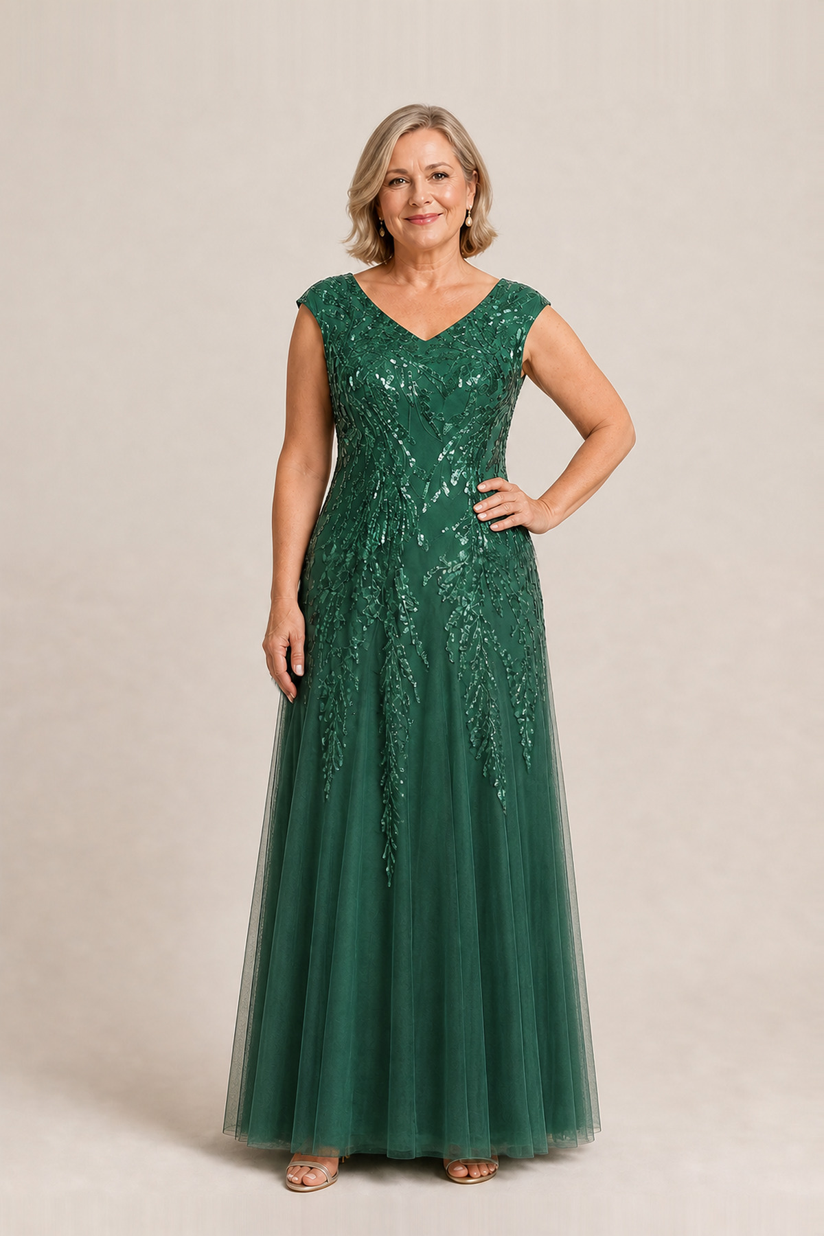Sylvie Glitter Embroidered Emerald Green Gown Soft Sparkle with Gentle Coverage by Dressology