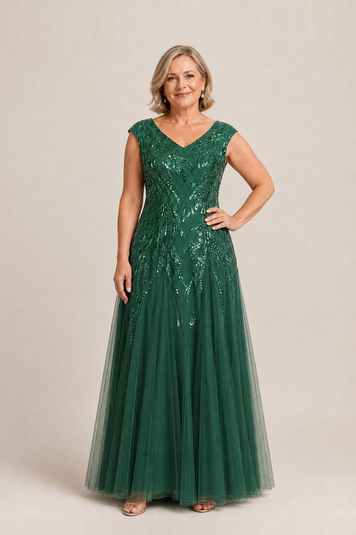 Sylvie Glitter Embroidered Emerald Green Gown Soft Sparkle with Gentle Coverage by Dressology