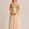 Champagne-gold Sylvie glitter embroidered gown by Dressology, front view with V-neckline, cap sleeves and ankle-length soft trumpet skirt