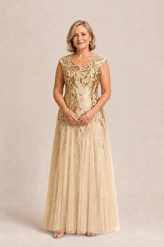 Champagne-gold Sylvie glitter embroidered gown by Dressology, front view with V-neckline, cap sleeves and ankle-length soft trumpet skirt
