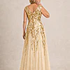 Back view of the champagne-gold Sylvie gown by Dressology showing the V-shaped back and soft trumpet skirt