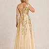 Back view of the champagne-gold Sylvie gown by Dressology showing the V-shaped back and soft trumpet skirt
