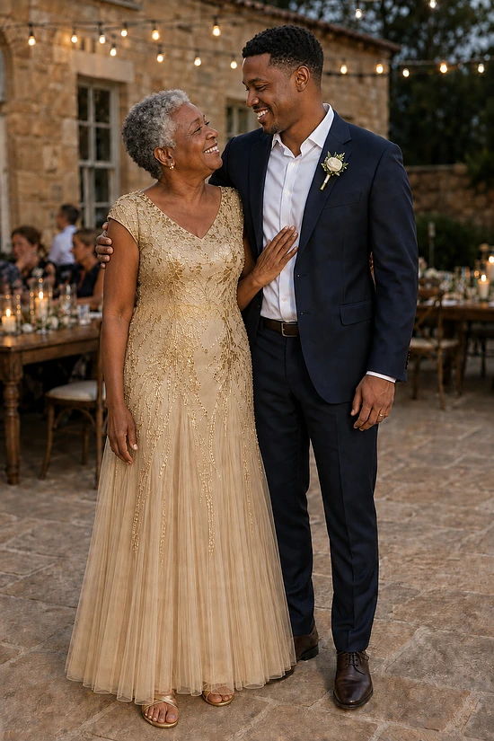 Illustrative wedding scene of a mother wearing the champagne-gold Sylvie gown with her groom son at a sandstone reception venue