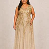 Champagne-gold Sylvie gown by Dressology on a plus-size model, front view