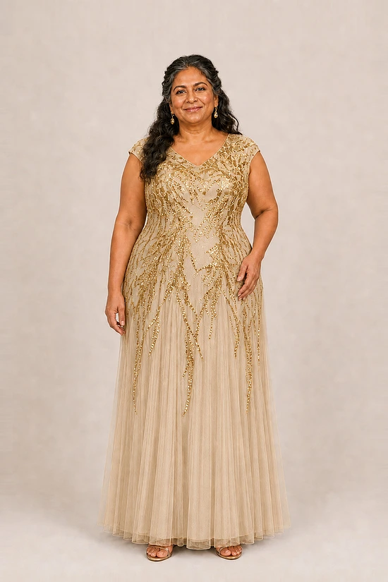 Champagne-gold Sylvie gown by Dressology on a plus-size model, front view