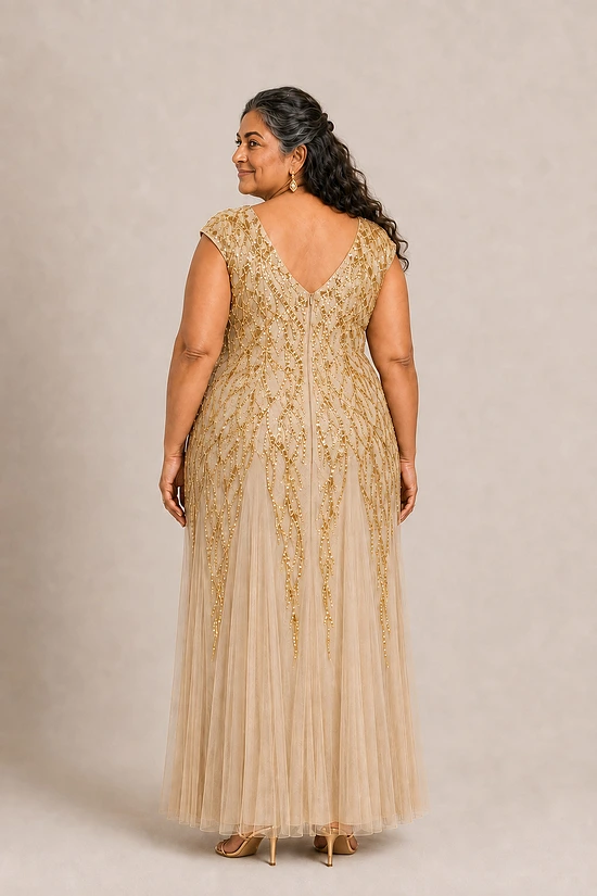 Champagne-gold Sylvie gown by Dressology on a plus-size model, back view