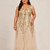 Champagne-gold Sylvie gown by Dressology on a plus-size model, front view