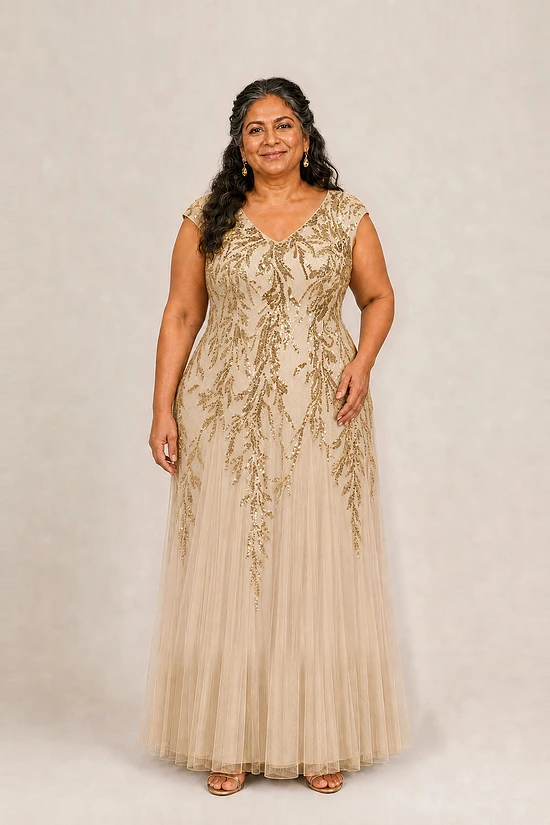 Champagne-gold Sylvie gown by Dressology on a plus-size model, front view