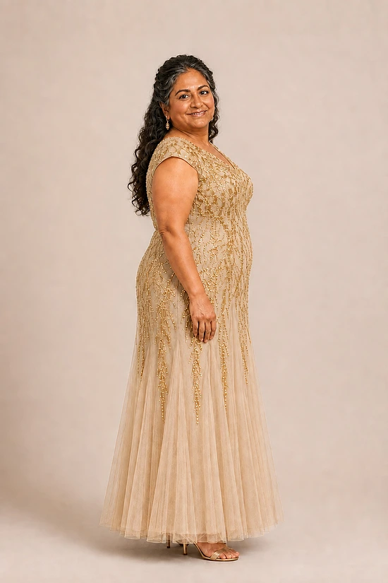 Champagne-gold Sylvie gown by Dressology on a plus-size model, side view
