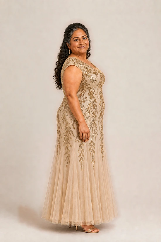 Champagne-gold Sylvie gown by Dressology on a plus-size model, side view