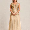Champagne-gold Sylvie glitter embroidered gown by Dressology, front view with V-neckline, cap sleeves and ankle-length soft trumpet skirt