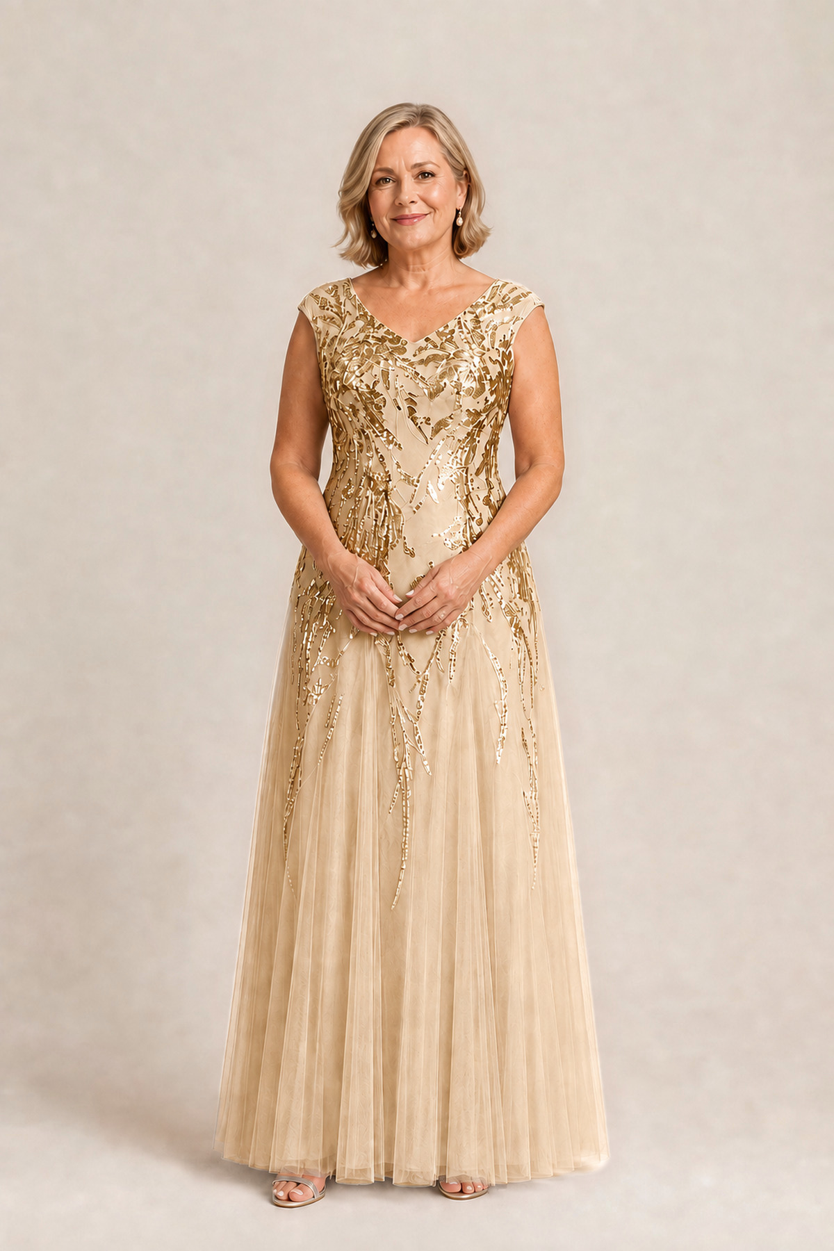Sylvie Glitter Embroidered Gold Gown Soft Sparkle with Gentle Coverage by Dressology
