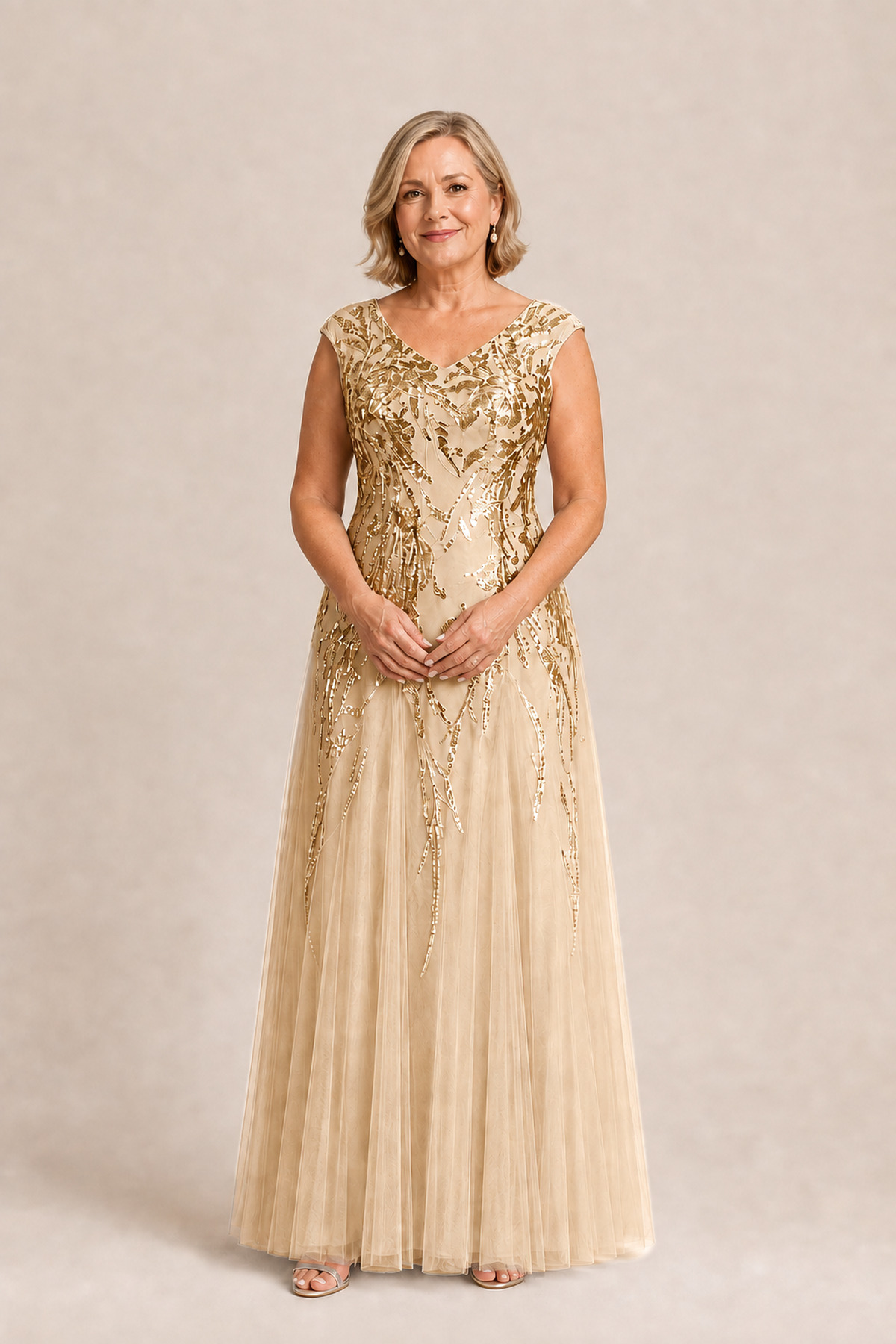 Sylvie Glitter Embroidered Gold Gown Soft Sparkle with Gentle Coverage by Dressology