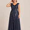 Navy glitter embroidered gown with a soft trumpet tulle skirt, V-neckline and cap sleeves, front view, worn by a mother of the bride