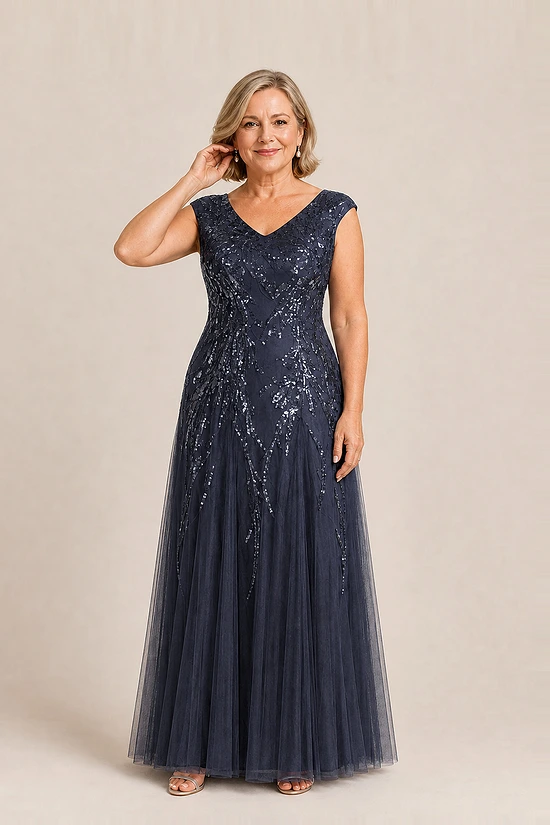Navy glitter embroidered gown with a soft trumpet tulle skirt, V-neckline and cap sleeves, front view, worn by a mother of the bride