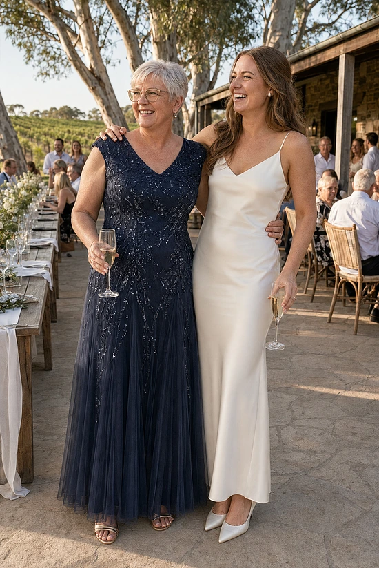 Mother of the bride wearing the navy Sylvie glitter embroidered gown by Dressology, laughing with her daughter at a vineyard reception